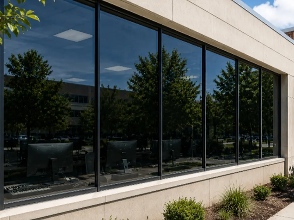 A long run of classroom windows finished with solar film, cutting cooling load along a south elevation.